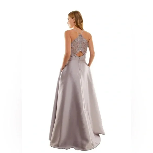 Speechless Juniors Mauve Lavender Silver Crochet Lace Back Satin Gown Dress 11 - Picture 3 of 9